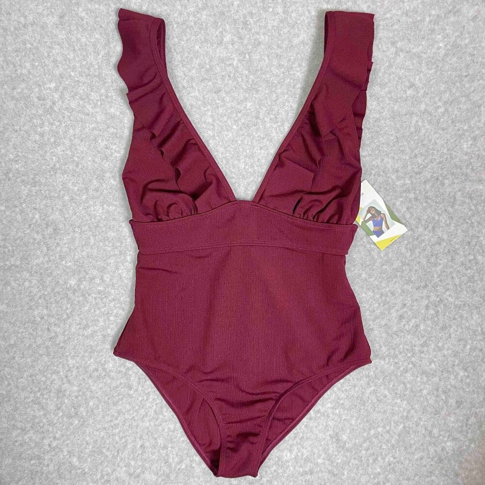 Halara NWT One Piece Swim w/ V Plunge Neckline and Ruffled Straps Womens Size XL